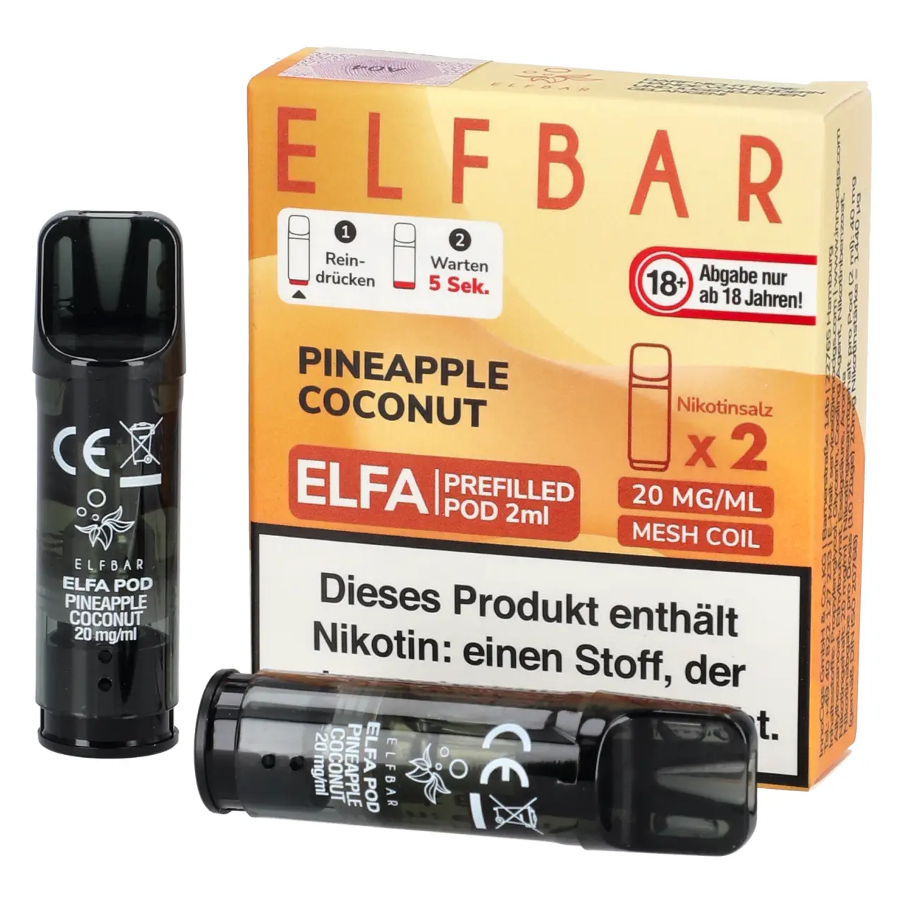 Elf Bar ELFA Pod Ananas Kokosnuss (Pineapple Coconut), 2ml Liquid, 2-er Pack Pineapple Coconut - Elf Bar ELFA Prefilled POD für Mehrweg Vape - befüllt mit 2ml Liquid - 2er Packung
