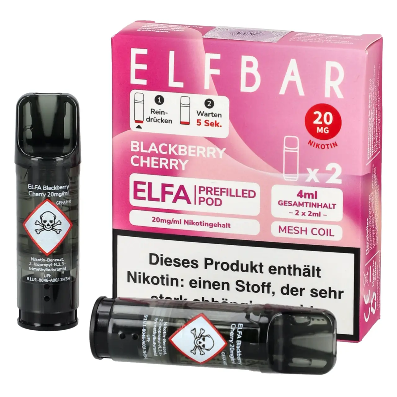 Elf Bar ELFA Pod Brombeere Kirsche (Blackberry Cherry), 2ml Liquid, 2-er Pack Blackberry Cherry - Elf Bar ELFA Prefilled POD für Mehrweg Vape - befüllt mit 2ml Liquid - 2er Packung