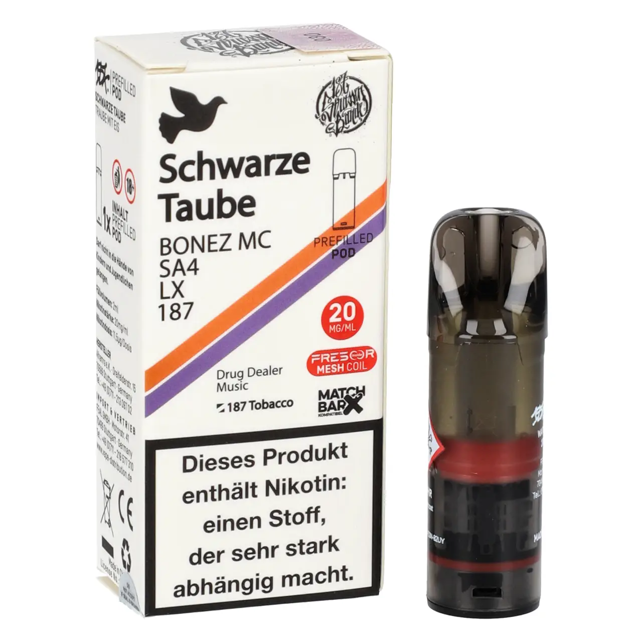 Schwarze Taube - 187 Strassenbande Prefilled Pod für Mehrweg Vape - befüllt mit 2ml Liquid - MatchBar X kompatibel