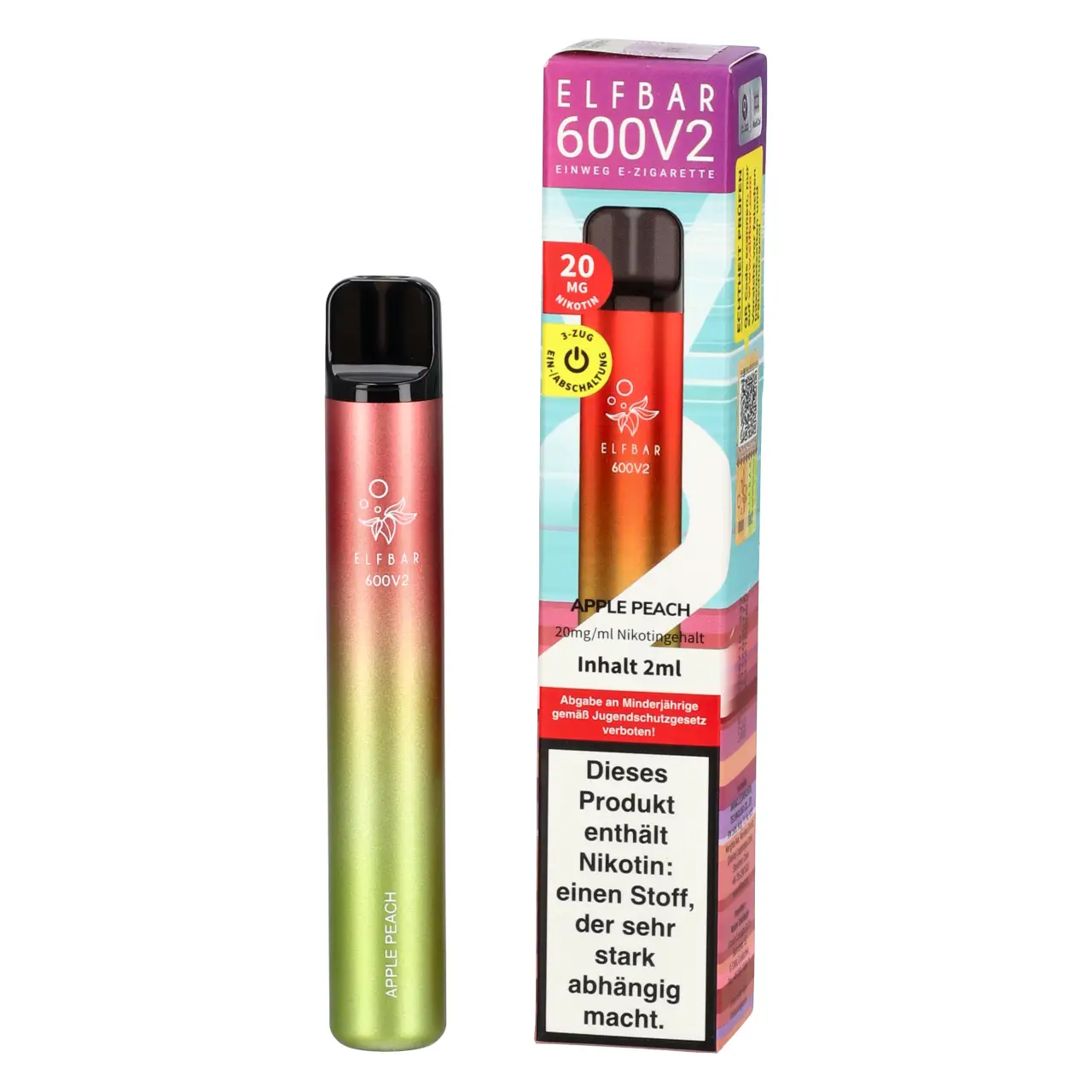 Elf Bar 600 V2 Apfel Pfirsich (Apple Peach) Einweg Vape, 2ml Liquid Apple Peach - Elfbar 600V2 Einweg Vape mit Mesh-Coil