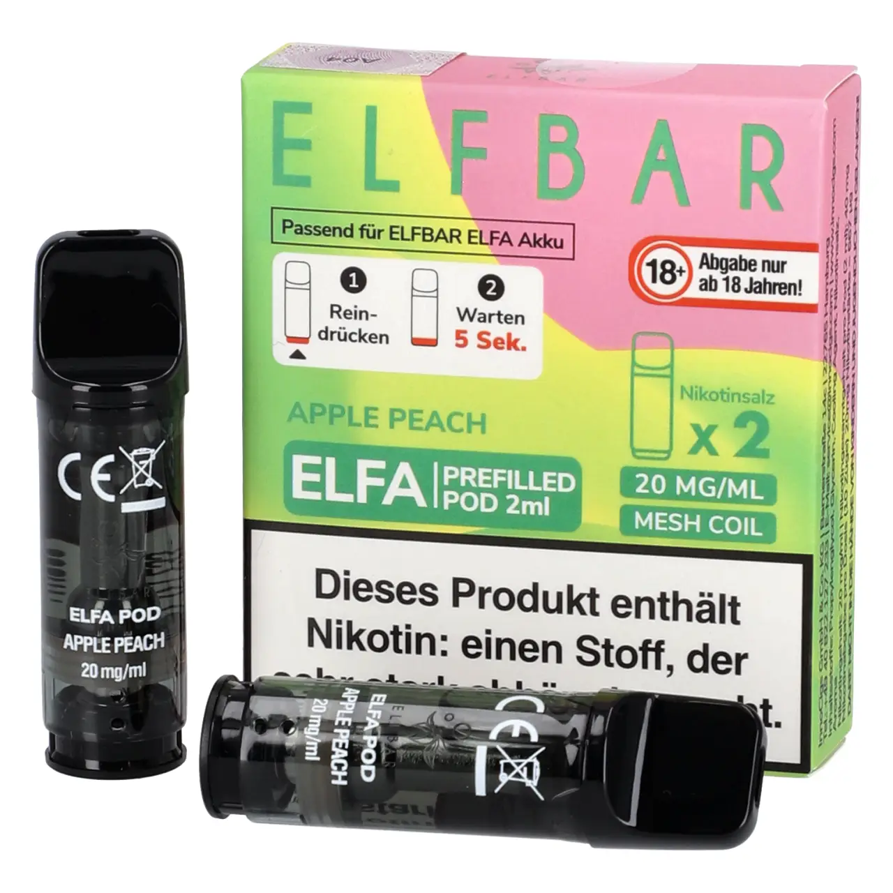 Elf Bar ELFA Pod Apfel Pfirsich (Apple Peach), 2ml Liquid, 2-er Pack Apple Peach - Elf Bar ELFA Prefilled POD für Mehrweg Vape - befüllt mit 2ml Liquid - 2er Packung