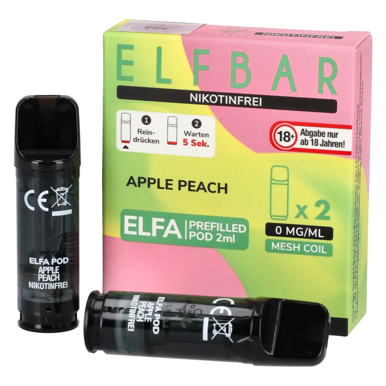 Nikotinfrei - Elf Bar ELFA Pod Apfel Pfirsich (Apple Peach), 2ml Liquid, 2-er Pack Nikotinfreie Elfbar ELFA Pods Apple Peach