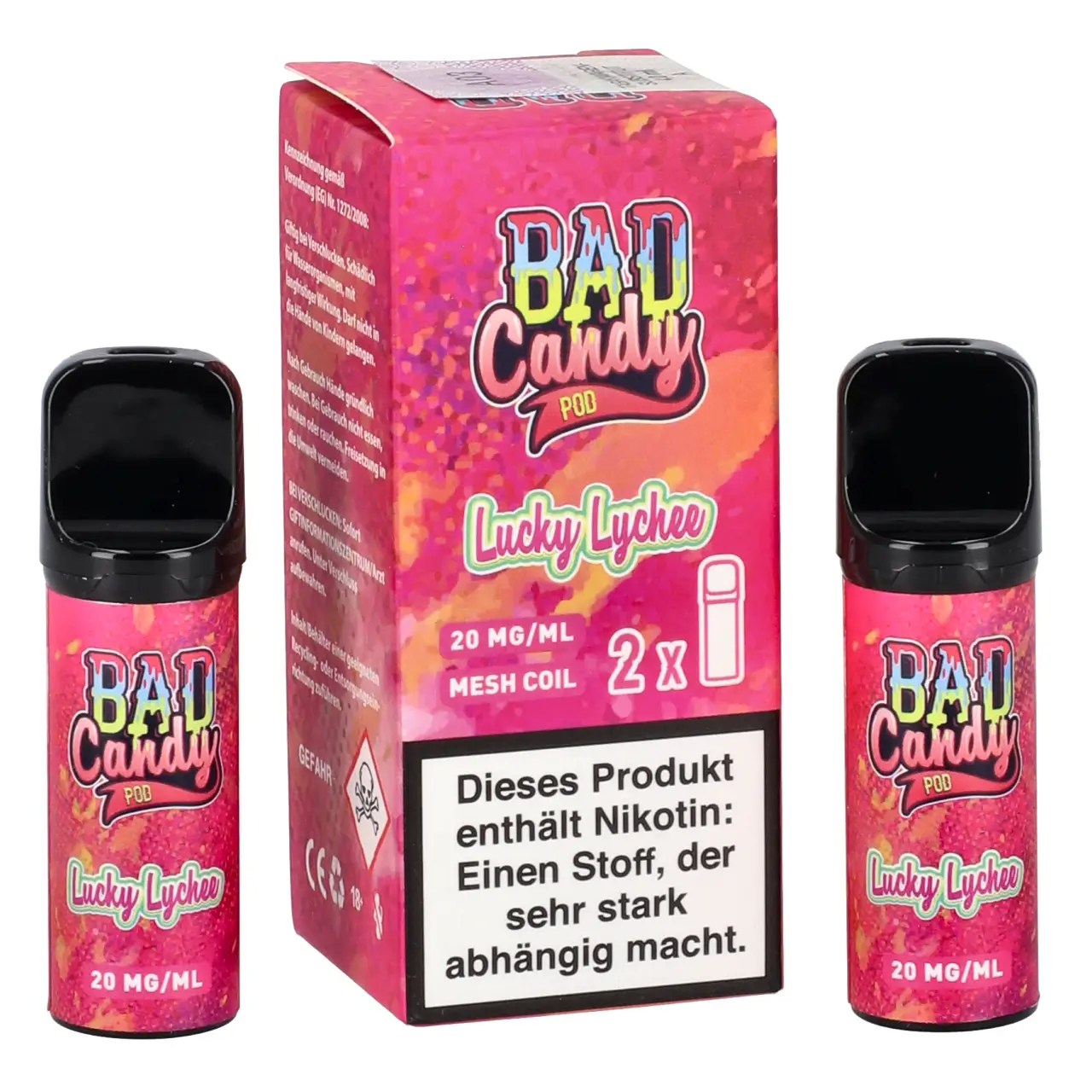 Bad Candy Pod2Go Litschi Zitrone Maracuja Ice (Lucky Lychee) Prefilled Pod, 2-er Pack Lucky Lychee - Bad Candy Pod für Mehrweg Vape - befüllt mit 2ml Liquid - ELFA kompatibel - 2er Packung