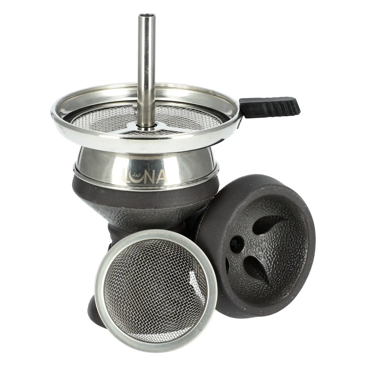 Luna Steinkopf-Set in Grau mit Kamin und Sieb Luna Steinkopf Set mit Sieb in Grau von Vorne