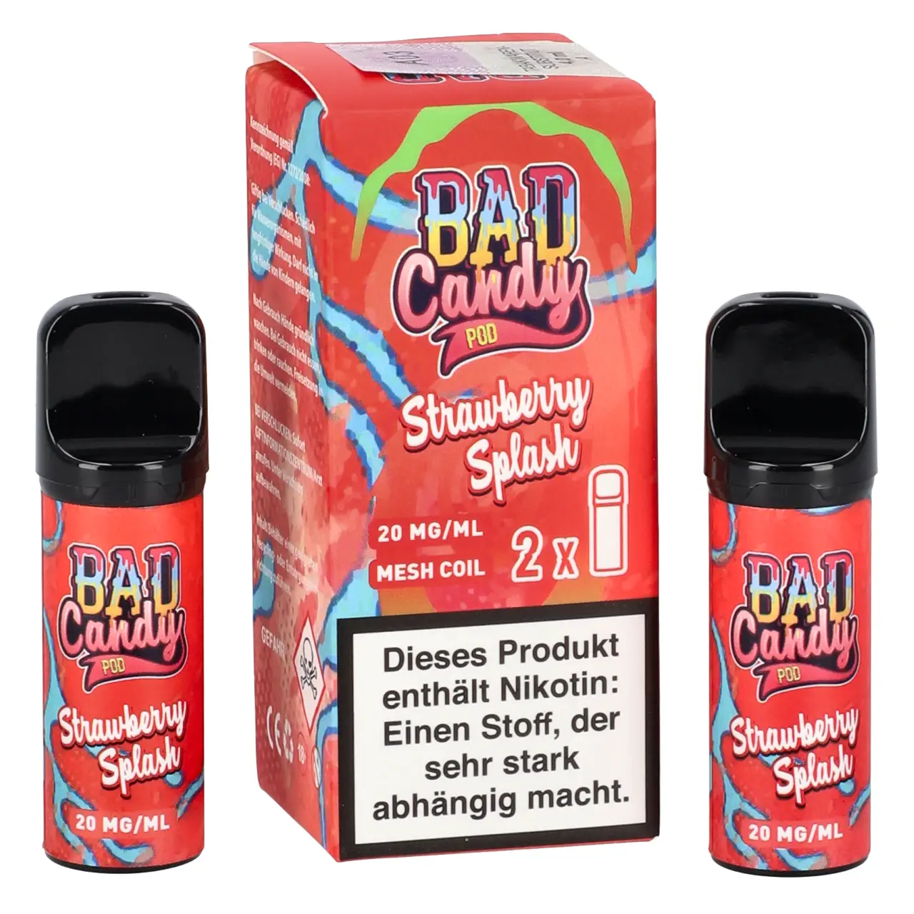 Bad Candy Pod2Go Erdbeere Zitrone Ice (Strawberry Splash) Prefilled Pod, 2-er Pack Strawberry Splash - Bad Candy Pod für Mehrweg Vape - befüllt mit 2ml Liquid - ELFA kompatibel - 2er Packung