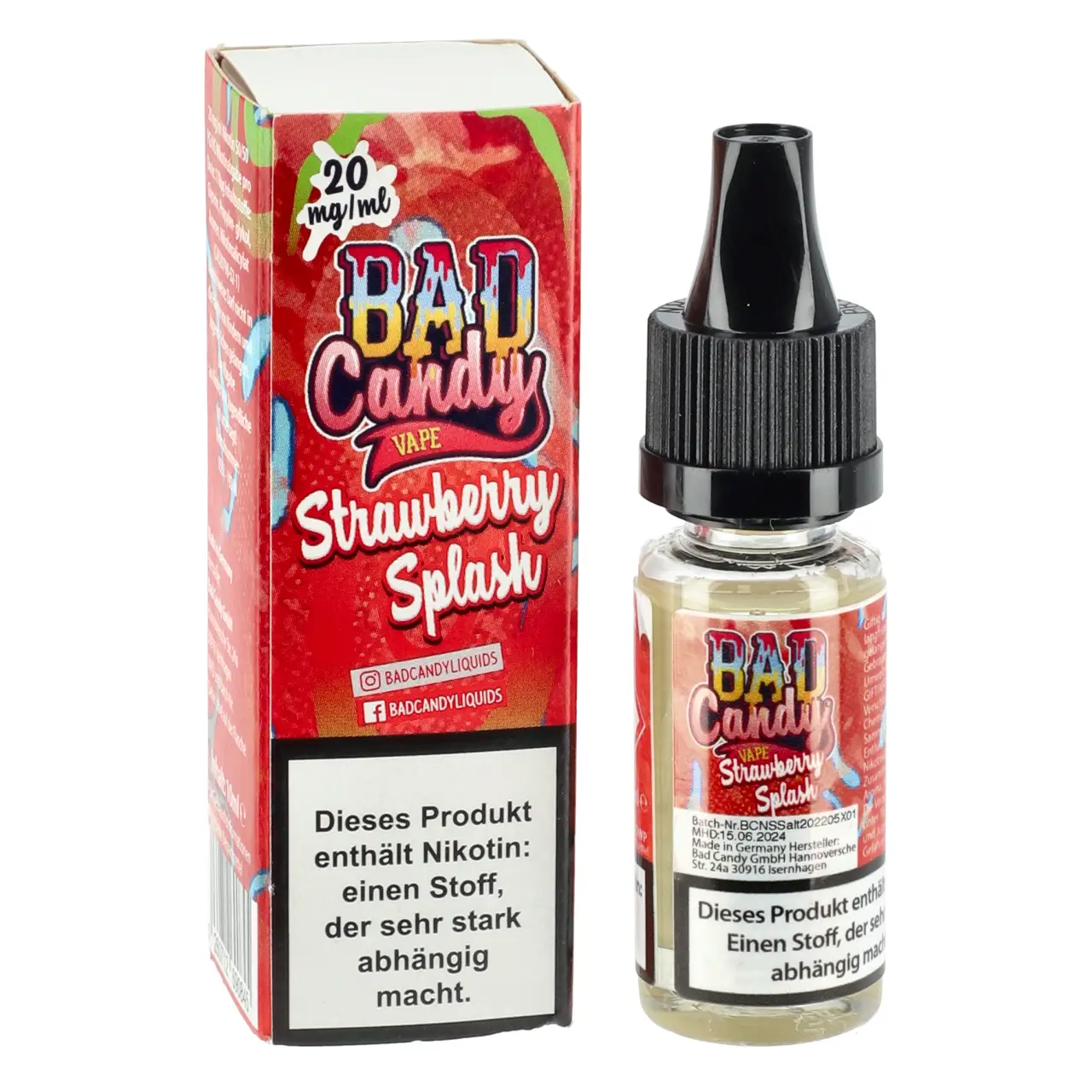 Bad Candy Erdbeere (Strawberry Splash) Nikotinsalz Liquid, 10ml Strawberry Splash - Bad Candy Vape Nikotinsalz Liquid für Mehrweg Vape - 10ml