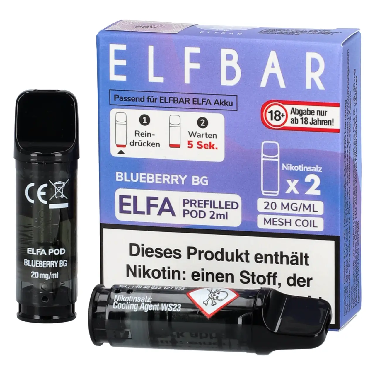 Elf Bar ELFA Pod Blaubeere Kaugummi (Blueberry BG), 2ml Liquid, 2-er Pack Blueberry BG - Elf Bar ELFA Prefilled POD für Mehrweg Vape - befüllt mit 2ml Liquid - 2er Packung