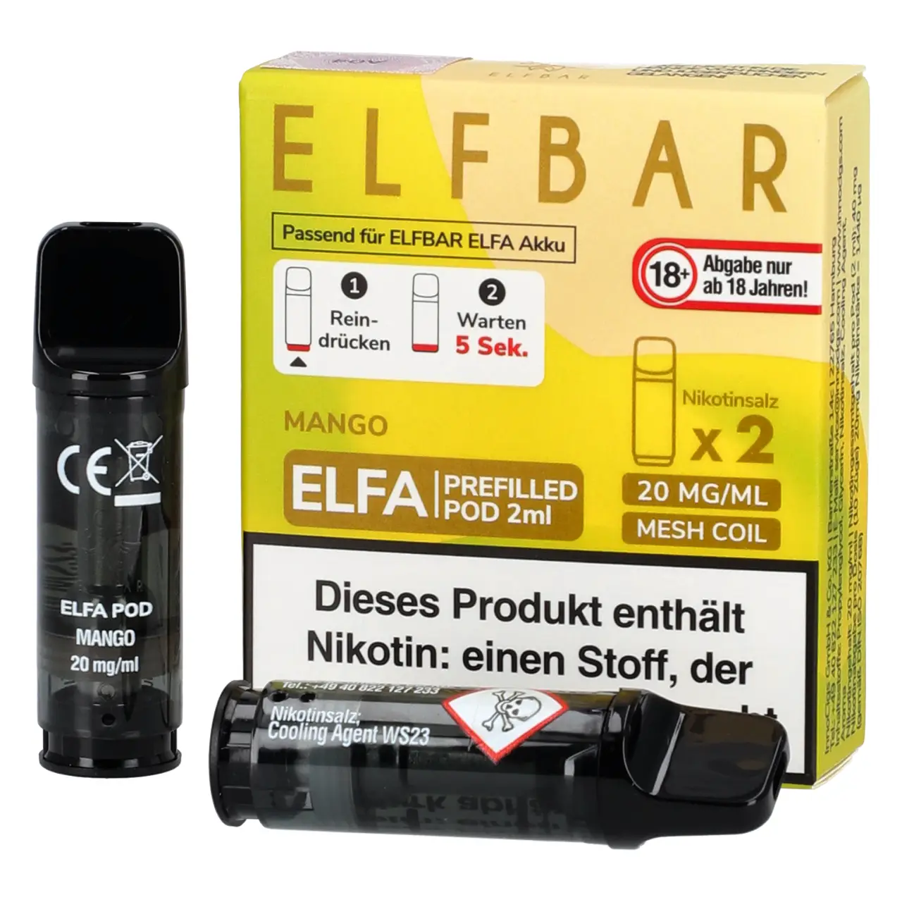Elf Bar ELFA Pod Mango, 2ml Liquid, 2-er Pack Mango - Elf Bar ELFA Prefilled POD für Mehrweg Vape - befüllt mit 2ml Liquid - 2er Packung