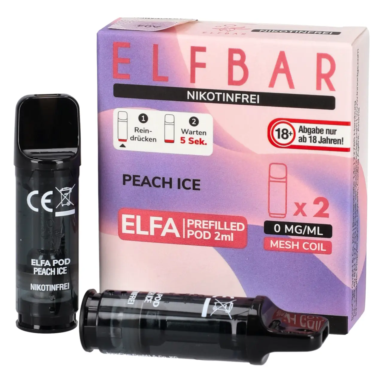 Nikotinfrei - Elf Bar ELFA Pod Pfirsich Ice (Peach Ice), 2ml Liquid, 2-er Pack Nikotinfreie Elfbar ELFA Pods Peach Ice