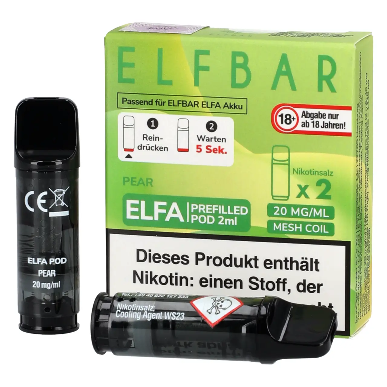Elf Bar ELFA Pod Birne (Pear), 2ml Liquid, 2-er Pack Pear - Elf Bar ELFA Prefilled POD für Mehrweg Vape - befüllt mit 2ml Liquid - 2er Packung