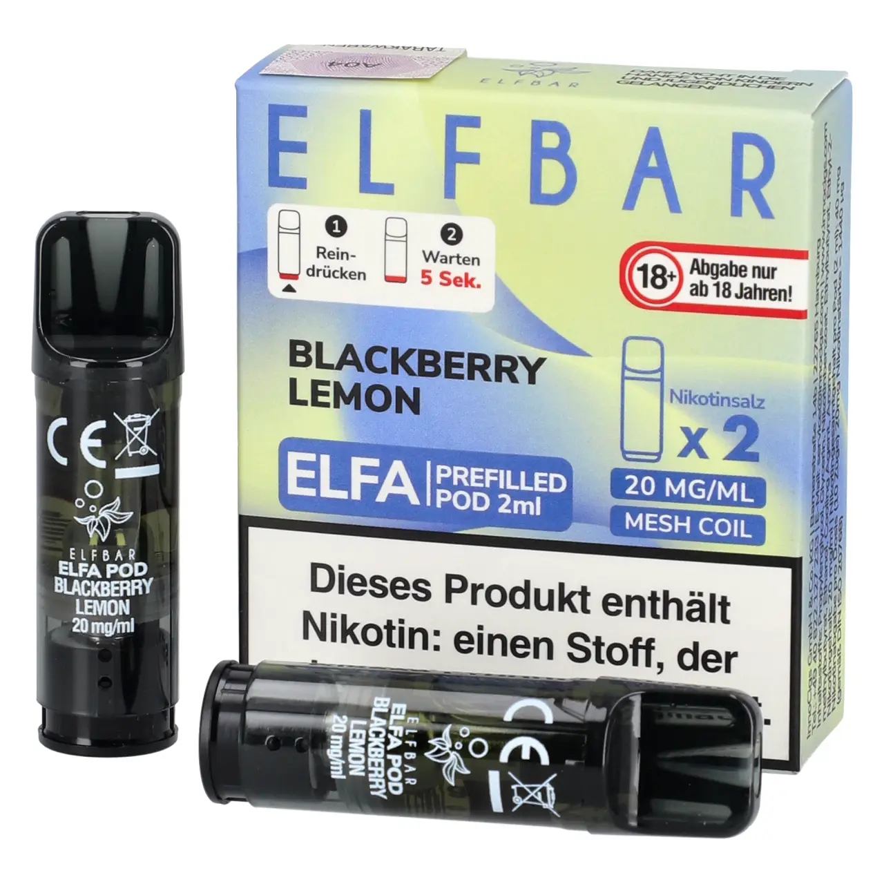 Elf Bar ELFA Pod Brombeere Zitrone (Blackberry Lemon), 2ml Liquid, 2-er Pack Blackberry Lemon - Elf Bar ELFA Prefilled POD für Mehrweg Vape - befüllt mit 2ml Liquid - 2er Packung