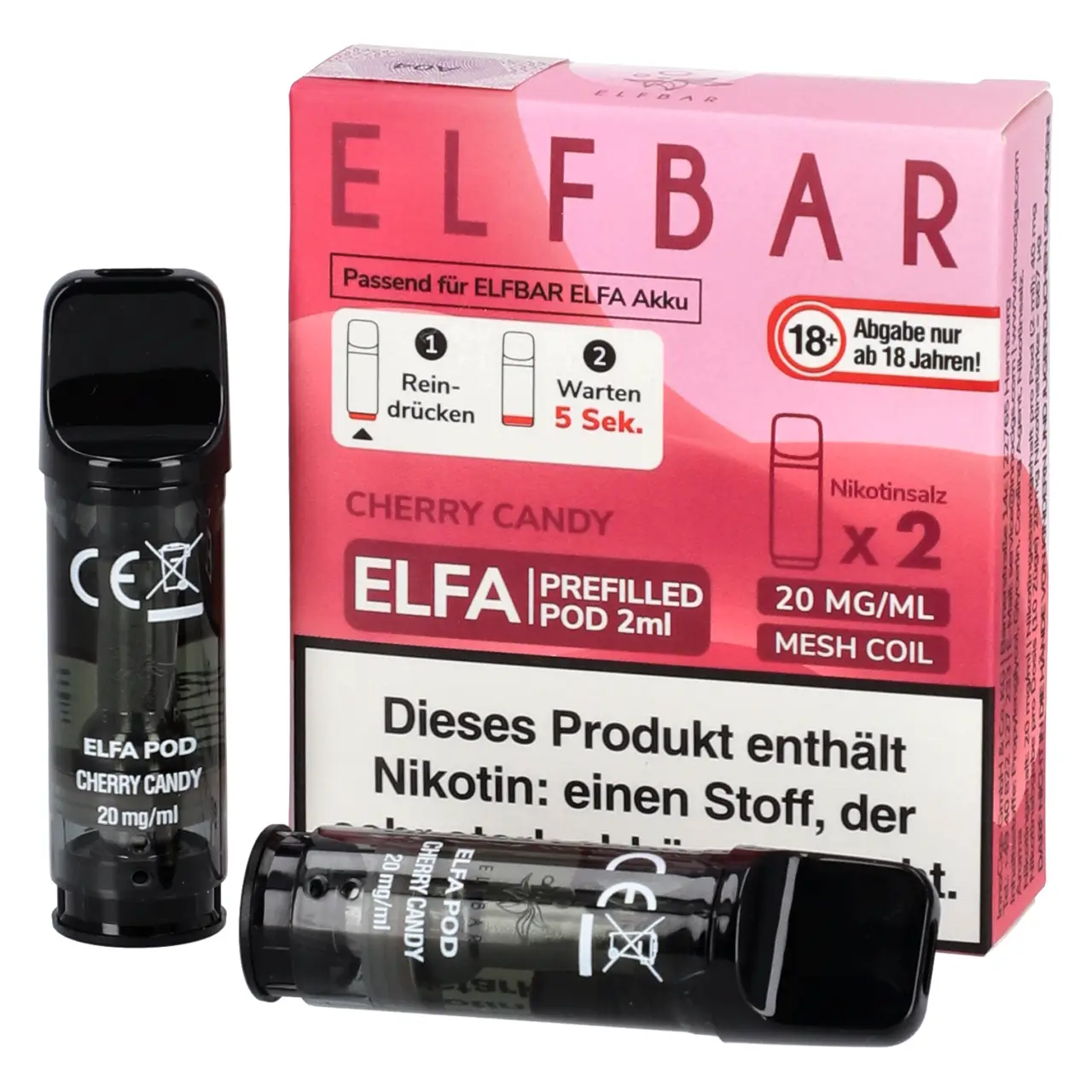 Elf Bar ELFA Pod Kirsche (Cherry), 2ml Liquid, 2-er Pack Cherry Candy - Elf Bar ELFA Prefilled POD für Mehrweg Vape - befüllt mit 2ml Liquid - 2er Packung